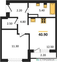 Планировка однокомнатной(квартира) площадью 40.9 квадратных метров в “ЖК Первый квартал”
