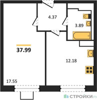 Планировка однокомнатной(квартира) площадью 37.99 квадратных метров в “ЖК Прибрежный Парк”