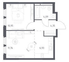 Планировка однокомнатной(квартира) площадью 38.08 квадратных метров в “ЖК Космический Квартал”