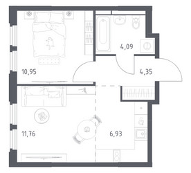 Планировка однокомнатной(квартира) площадью 38.08 квадратных метров в ЖК “ЖК Космический Квартал”