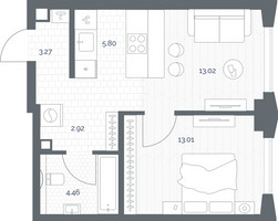 Планировка однокомнатной(квартира) площадью 42.56 квадратных метров в “ЖК TATE (Тэйт)”