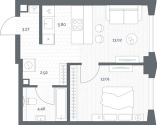 Планировка однокомнатной(квартира) площадью 42.56 квадратных метров в ЖК “ЖК TATE (Тэйт)”
