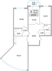 Планировка трехкомнатной(квартира) площадью 124 квадратных метров в ЖК “ЖК Дом‐Мегалит в Королёве”