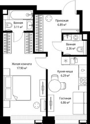 Планировка однокомнатной(квартира) площадью 43.41 квадратных метров в ЖК “ЖК Веер”