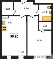 Планировка однокомнатной(квартира) площадью 50.9 квадратных метров в ЖК “ЖК Детали”