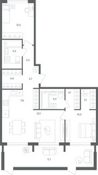 Планировка трехкомнатной(квартира) площадью 83.6 квадратных метров в ЖК “ЖК Равновесие”