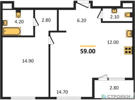 Планировка однокомнатной(квартира) площадью 59 квадратных метров в “ЖК Архитектор”