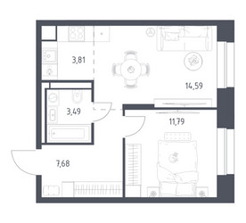Планировка однокомнатной(квартира) площадью 41.36 квадратных метров в ЖК “ЖК Верейская 41”