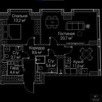 Планировка двухкомнатной(квартира) площадью 67.2 квадратных метров в “ЖК СЕЗАР БУДУЩЕЕ”