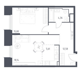 Планировка однокомнатной(апартаменты) площадью 56.49 квадратных метров в ЖК “ЖК Скай Спутник”