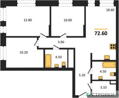 Планировка трехкомнатной(квартира) площадью 72.6 квадратных метров в “ЖК Первый Московский”
