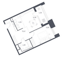Планировка однокомнатной(апартаменты) площадью 53.43 квадратных метров в “ЖК Скай Спутник”