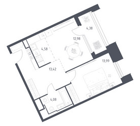 Планировка однокомнатной(апартаменты) площадью 53.43 квадратных метров в ЖК “ЖК Скай Спутник”