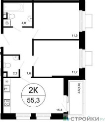 Планировка двухкомнатной(квартира) площадью 55.3 квадратных метров в ЖК “ЖК Одинцовские кварталы”