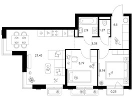 Планировка двухкомнатной(квартира) площадью 51.44 квадратных метров в “ЖК Ильинские луга”