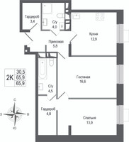 Планировка двухкомнатной(квартира) площадью 65.9 квадратных метров в “ЖК КИНОКВАРТАЛ”