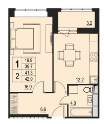 Планировка однокомнатной(квартира) площадью 41.3 квадратных метров в ЖК “ЖК Ривер-Парк”