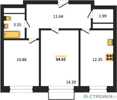 Планировка двухкомнатной(квартира) площадью 54.61 квадратных метров в “ЖК Новоград Павлино”