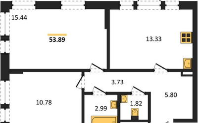 Планировка двухкомнатной(квартира) площадью 53.89 квадратных метров в ЖК “ЖК Квартал Авиаторов”