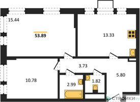 Планировка двухкомнатной(квартира) площадью 53.89 квадратных метров в “ЖК Квартал Авиаторов”