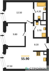 Планировка двухкомнатной(квартира) площадью 55.9 квадратных метров в ЖК “ICE TOWERS (Айс Тауэрс)”