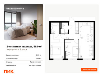 Планировка двухкомнатной(квартира) площадью 56.9 квадратных метров в ЖК “ЖК Ильинские луга”