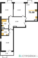 Планировка трехкомнатной(квартира) площадью 73.3 квадратных метров в “ЖК Бунинские кварталы”