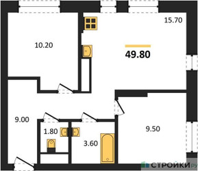 Планировка двухкомнатной(квартира) площадью 49.8 квадратных метров в ЖК “ЖК Первый Московский”