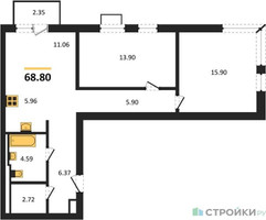 Планировка двухкомнатной(квартира) площадью 68.8 квадратных метров в “ЖК Квартал Герцена”