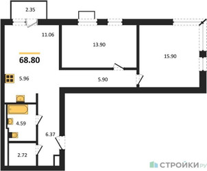 Планировка двухкомнатной(квартира) площадью 68.8 квадратных метров в ЖК “ЖК Квартал Герцена”