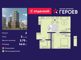 Планировка двухкомнатной(квартира) площадью 34.6 квадратных метров в “ЖК Героев”