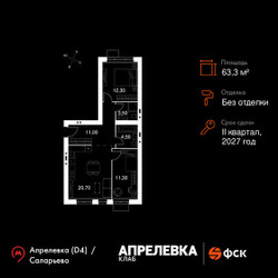 Планировка трехкомнатной(квартира) площадью 63.3 квадратных метров в ЖК “Апрелевка Клаб”