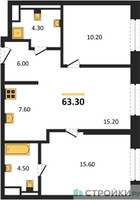 Планировка двухкомнатной(квартира) площадью 63.3 квадратных метров в “ЖК STONE Sokolniki (Сокольники)”