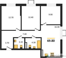 Планировка трехкомнатной(квартира) площадью 69.8 квадратных метров в “ЖК Деснаречье”