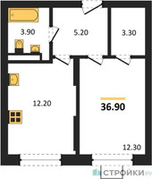 Планировка однокомнатной(квартира) площадью 36.9 квадратных метров в “ЖК Видный берег 2”