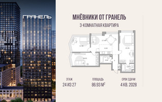 Планировка трехкомнатной(квартира) площадью 86.93 квадратных метров в “ЖК Мневники от Гранель”