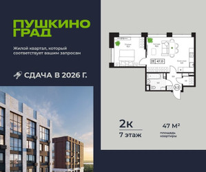 Планировка двухкомнатной(квартира) площадью 47 квадратных метров в ЖК “ЖК Пушкино Град”