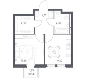 Планировка однокомнатной(квартира) площадью 36.06 квадратных метров в ЖК “ЖК Космический Квартал”