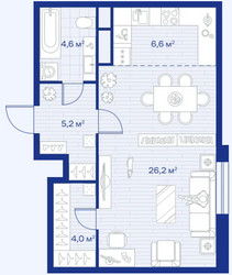 Планировка студии(квартира) площадью 46.6 квадратных метров в ЖК “ЖК Аристов берег”