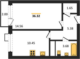 Планировка однокомнатной(квартира) площадью 36.32 квадратных метров в “ЖК Катуар”
