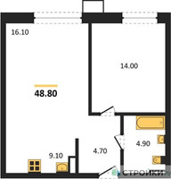 Планировка однокомнатной(квартира) площадью 48.8 квадратных метров в “ЖК Дзен-кварталы”