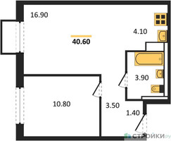 Планировка однокомнатной(квартира) площадью 40.6 квадратных метров в “ЖК Мытищи Парк”