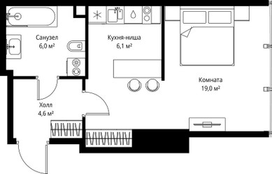 Планировка студии(квартира) площадью 35.7 квадратных метров в ЖК “ЖК ОНЕ”