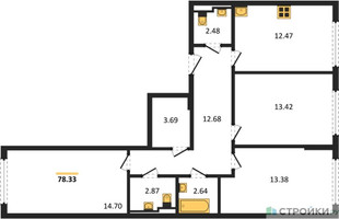 Планировка трехкомнатной(квартира) площадью 78.33 квадратных метров в “ЖК Остафьево”