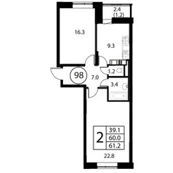 Планировка двухкомнатной(квартира) площадью 61.2 квадратных метров в ЖК “ЖК Космос”