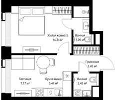 Планировка однокомнатной(квартира) площадью 35.94 квадратных метров в “ЖК Веер”