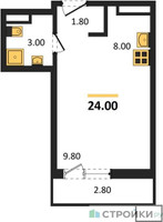 Планировка студии(квартира) площадью 24 квадратных метров в “ЖК Родные кварталы”