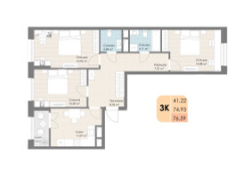 Планировка трехкомнатной(квартира) площадью 76.59 квадратных метров в “ЖК Дюна”