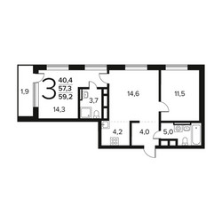 Планировка трехкомнатной(квартира) площадью 59.2 квадратных метров в ЖК “Новые Ватутинки. Заречный”