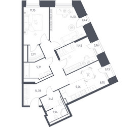 Планировка трехкомнатной(апартаменты) площадью 82.51 квадратных метров в ЖК “ЖК Скай Спутник”